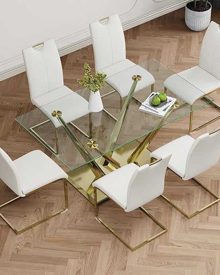 63'' Glass Dining Table for 4 or 6, 0.39" Tempered Glass Tabletop and Gold Stainless Steel Base, Large Dining Room Table for 6, Home Kitchen Table for Dining Room, Modern Dining Table for 6