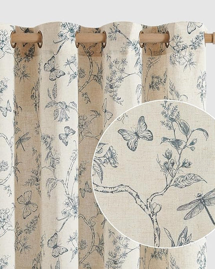 Lazzzy Blue Floral Linen Farmhouse Curtains 84 Inch Length Drapes for Living Room Bedroom Pattern Light Filtering Country Vintage Curtain Grommet Top, 2 Panels, Blue on Beige