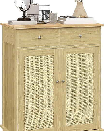 HOMCOM Sideboard with Solid Wood Countertop, Modern Kitchen Storage Cabinet, Coffee Bar Cabinet with 2 Drawers, Doors and Adjustable Shelf, Natural Rattan