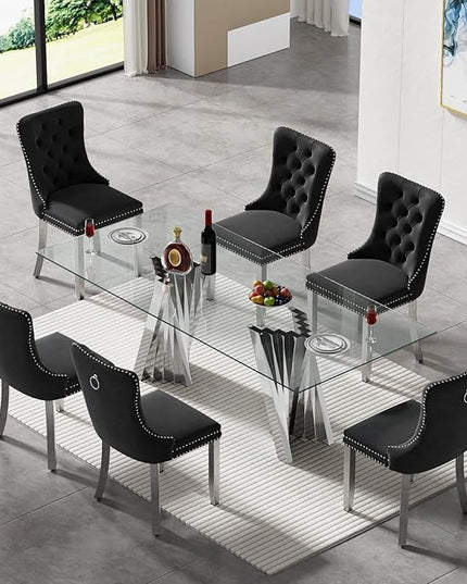 7 Piece Glass Dining Table Set,70" Dinner Room Glass Table Set for 6,Modern Kitchen Dinner Table Set with Stainless Steel Base and 6 Upholstered Velvet Dining Chairs for Living Dining Room