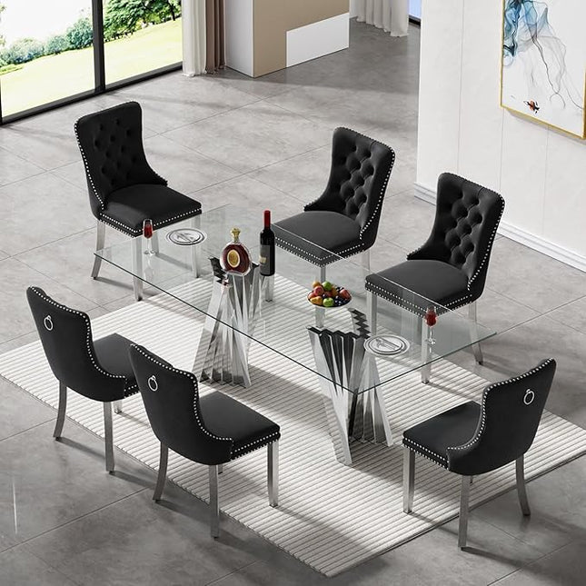 7 Piece Glass Dining Table Set,70" Dinner Room Glass Table Set for 6,Modern Kitchen Dinner Table Set with Stainless Steel Base and 6 Upholstered Velvet Dining Chairs for Living Dining Room