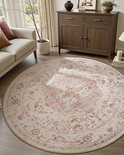 PADOOR-Vintage 6FT Round Rug-Rugs for Living Room-Soft Pink Circle Rug-Machine Washable Rugs for Bedroom-Non Slip Carpet-Rug for Dining Room Living Room Bedside Office