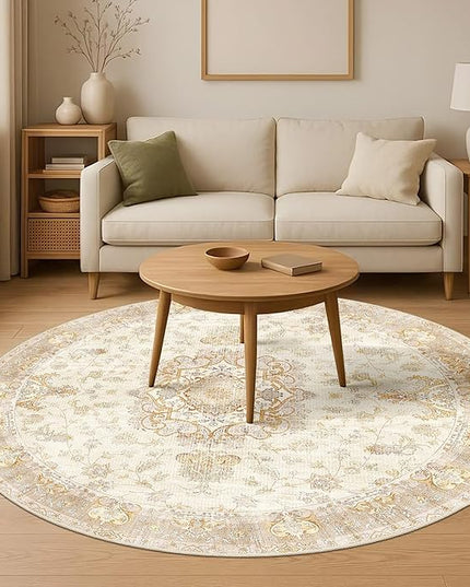 Beige Round Rug 6ft,Large Circle Area Rugs for Living Room Bedroom Dining Room,Washable Boho Vintage Bohemian Distressed Oriental Floral Carpet Non Slip,Retro Gold Floral