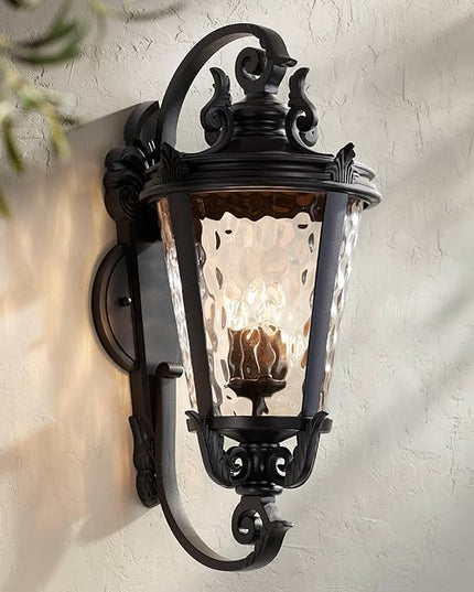 John Timberland Marseille Vintage Large Outdoor Wall Light Fixture Textured Black Scroll 36" Clear Hammered Glass for Exterior House Porch Patio Outside Deck Garage Yard Front Door Garden Home