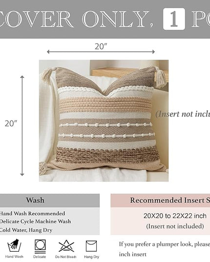 BlissBlush Brown Decorative Throw Pillow Cover 20x20 Square Boho Accent Pillowcase Tassels Farmhouse Cushion for Couch Sofa Bedroom Livingroom Home Décor Cover ONLY (Pack of 1)