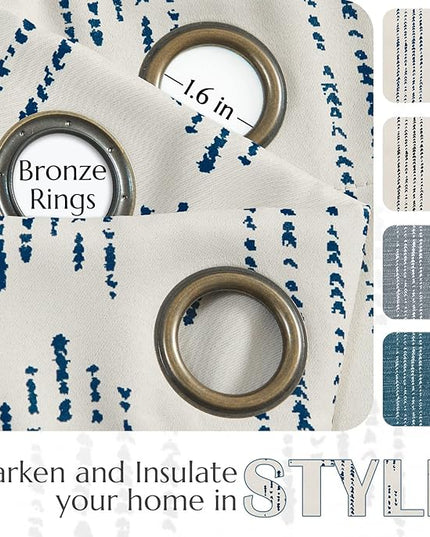 jinchan 95% Blackout Boho Curtains 54 Inch Length for Bedroom Blue on Beige Geometric Printed Grommet Top Room Darkening Thermal Insulated Window Drapes 2 Panels