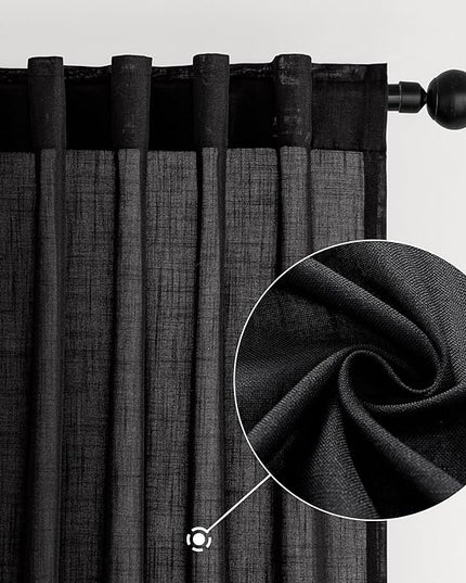 MIULEE Black Linen Curtains 90 Inch Length 2 Panels for Bedroom Living Room, Soft Thick Linen Textured Back Tab Window Drapes Semi Sheer Light Filtering Rod Pocket Modern Farmhouse Halloween Decor
