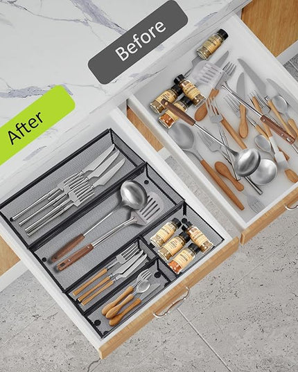 Neudeco Silverware Drawer Organizer,Utensil Organizer for Kitchen Drawer Organizer for Large Utensils with Interlocking Arm, Silverware Storage Cutlery Tray for Knives Fork Spoon (Pack 5, Black)