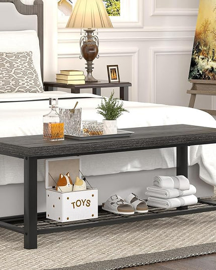 FOLUBAN Shoe Storage Bench, Modern Entryway Bench with Metal Shelf, Industrial Indoor Shoe Bench Seat for Bedroom, Hallway, Living Room, Dark Gray, 47 Inch