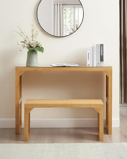 Pine Dining Long Bench and Table Set with Small Tempered Glass - Versatile Indoor Wood Furniture for Entryway, Living Room, Kitchen, and Bedroom Spaces