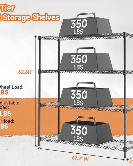 4 Tiers Storage Shelves Load 1400LBS, Metal Shelving Wire Metal Shelving Unit Shelves for Storage Adjustable Garage Shelving for Pantry Kitchen Garage Black 17.7" D x 47.3" W x 62.7" H