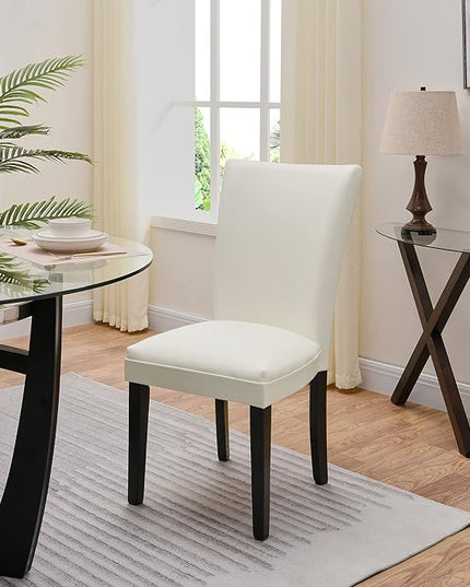PADMA HOUSE Round Glass Dining Table Set for 4, 45in Modern Kitchen Small Wood Dinner Table with 4 Parsons Leather Dining Chairs 5 Piece Dining Room Table Chair Set,Clear&Ivory
