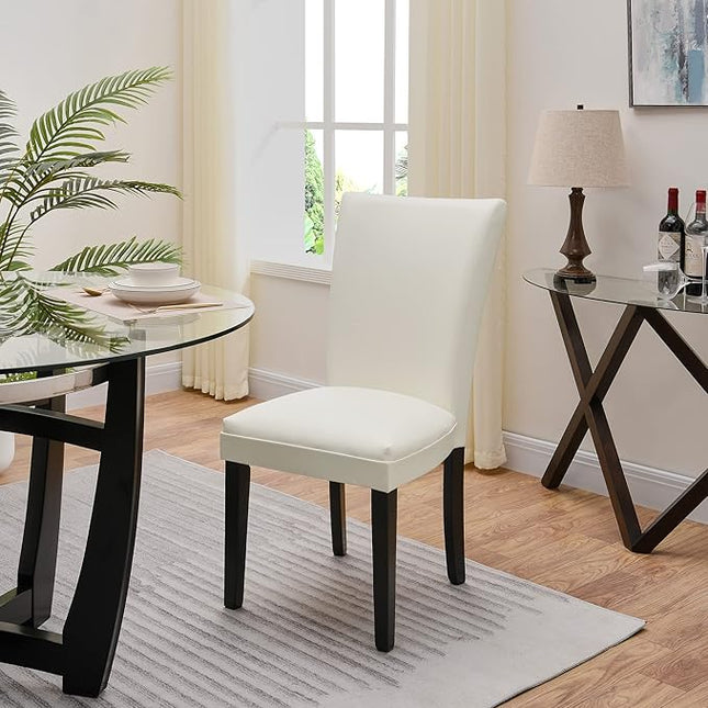 PADMA HOUSE Round Glass Dining Table Set for 2, 45in Modern Kitchen Small Wood Dinner Table with 2 Parsons Leather Dining Chairs 3 Piece Dining Room Table Chair Set,Clear&Ivory