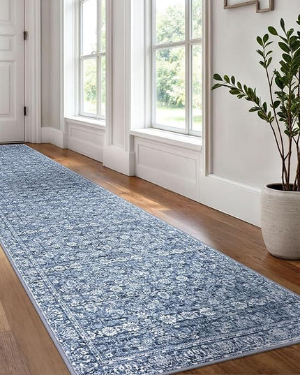2.6x12 Runner Washable Rug for Kitchen, Blue Soft Classic Runner with Non-Slip, Non-Shedding Distressed Floral Rug for Hallways Entryway Bedroom Bathroom Laundry Indoor
