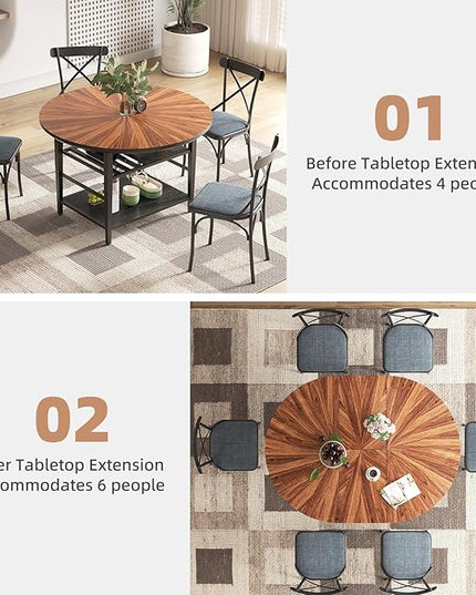 VFK 47.2"-63" Extendable Round Dining Table Set for 4–6, Solid Wood & Metal Table with Wine Rack Storage Shelf, Walnut Kitchen Furniture with 6 Upholstered Chairs (Storage Table and 6 Black Chairs)