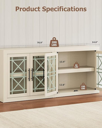 GarveeHome 71" White Buffet Sideboard with Storage, Modern Tall Coffee Bar Cabinet with 4 Glass Doors, Large Kitchen Buffet Table for Dining Room, Living Room, Entryway