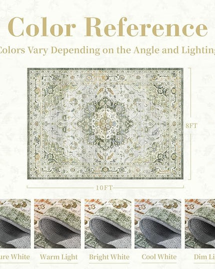 PADOOR-Vintage Area Rug 8X10 Rugs for Living Room-Soft Green Rugs for Bedroom-Machine Washable Rug Non Slip Carpet-Rug for Dining Room Living Room Bedside Office