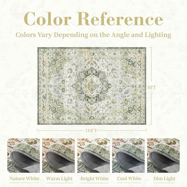 PADOOR-Vintage Area Rug 8X10 Rugs for Living Room-Soft Green Rugs for Bedroom-Machine Washable Rug Non Slip Carpet-Rug for Dining Room Living Room Bedside Office