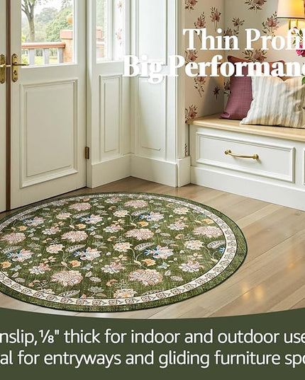 jinchan Elora 4ft Floral Round Rug for Entryway Washable Rug Vintage Romance Christmas Design Non Slip Indoor Doormat Lightweight Low-Profile Throw Carpet for Living Room Dining Room Bedroom, Green