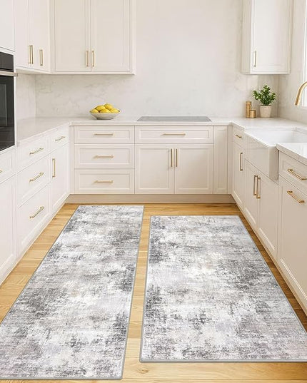 IOHOUZE Abstract Area Rugs and Runners Sets 2x6 and 3x5 Ft, Washable Entryway Rug and Runner Set, Non Slip Kitchen Rug Set, Printed Faux Wool Modern Floor Carpet for Hall Kitchen Entrance, Grey Beige