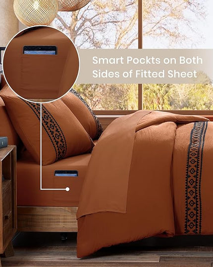 MaiRêve Embroidery Comforter Set, Boho Farmhouse Western Bedding Set, All Season Bed in A Bag Comforter Set with Sheets, Pillowcases & Shams, Burnt Orange Queen 7 Pieces