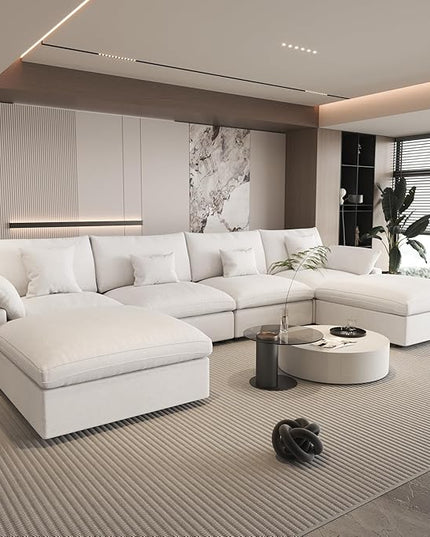 WJShome Cloud Couch Modular Sectional for Living Room, Down Filled 160" U Shaped Couch with Ottoman,Modern 6 Seater Convertible Couches, Sofa Covers Washable&Replaceable,White