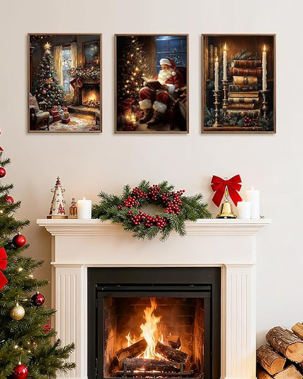 ANHUIB Christmas Canvas Wall Art Vintage Christmas Wall Decor Satan Claus Paintings X Man Artwork 12x16 Inches Set of 3 for Living Room Bedroom