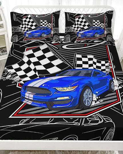 AILONEN Blue Racing Car Fitted Sheet Twin Size, Speed Sports Car Bed Sheet Set for Kids Boys Teens,Extreme Sport Bedding Sheets 3PCS,1 Fitted Sheet and 2 Pillowcase