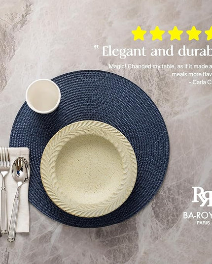 Round Placemats Set of 8 Plastic Woven Placemats Washable Wipeable Table Mats for Dining Table Heat Resistant Non-Slip Circle Place Mats (Navy Blue)