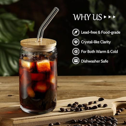 [ 6pcs Set ] Glass Cups with Bamboo Lids and Glass Straw - Beer Shaped Drinking Glasses, 16 oz Iced Coffee Glasses, Cute Tumbler Cup for Smoothie, Boba Tea, Whiskey, Water - 2 Cleaning Brushes