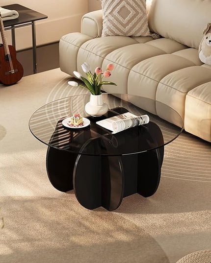 Coffee Table for Living Room Mid Century Modern Round Center Table with Glass Top, Black