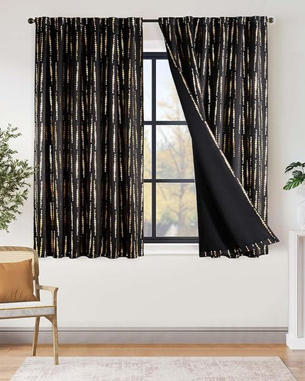 jinchan 95% Blackout Boho Curtains 63 Inch Long for Bedroom Moon Phases Printed Christmas Curtain Festive Holiday Golden on Black Drapes Rod Pocket Back Tab Xmas Curtains 2 Panels