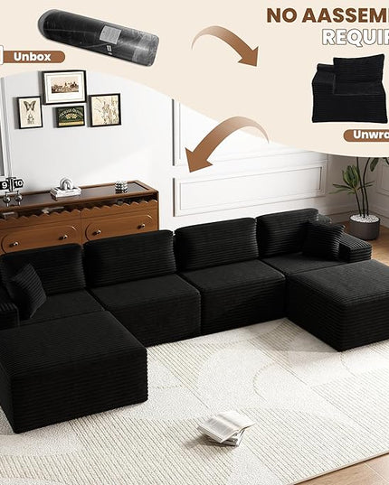 Bashaw 108" Cloud Sectional Couch Sofa with L-Shape Chaise, Modern Modular Sofa Couch Upholstered Couches for Living Room Bedroom, No Assembly Required (Black, U Shape)