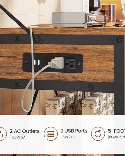 Itaar Bakers Rack with Power Outlet, 6-Tier Coffee Bar, Microwave Stand with Wine Rack, LED Lights and 10 Hooks, Bakers Racks for Kitchens with Storage, Rustic Brown