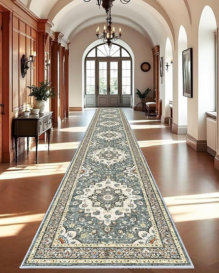 Washable Oriental Hallway Runner Rug - 3x20 Rugs for Living Room Soft Carpet for Bedroom Kitchen Waterproof Floral Distressed Indoor Stain Resistant Non-Shedding Floor Carpets (Blue, 3X20)