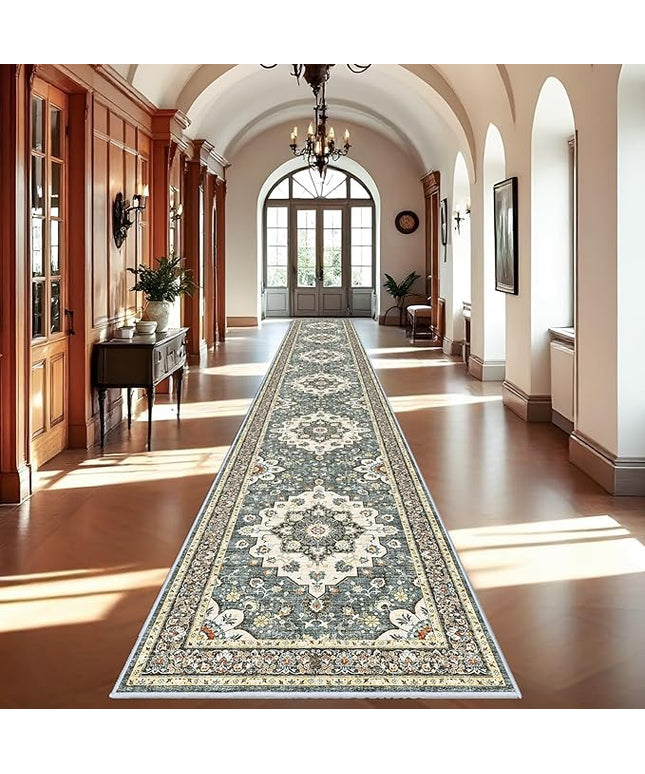 Washable Oriental Hallway Runner Rug - 3x20 Rugs for Living Room Soft Carpet for Bedroom Kitchen Waterproof Floral Distressed Indoor Stain Resistant Non-Shedding Floor Carpets (Blue, 3X20)