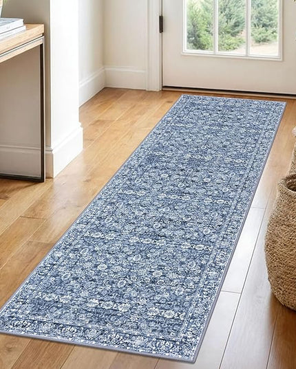 2x6 Runner Washable Rug for Hallways, Blue Soft Classic Kitchen Rugs with Non-Slip, Non-Shedding Distressed Floral Rug for Hallways Entryway Bedroom Bathroom Laundry