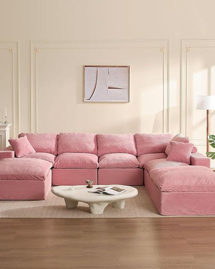 137.8” Sectional Couches for Living Room, Cloud Couch, Modular Sectional Sofa, Convertible Sofas Bed, Deep Seat Sofa, Sleeper Sofa Full Size, Corduroy, Pink