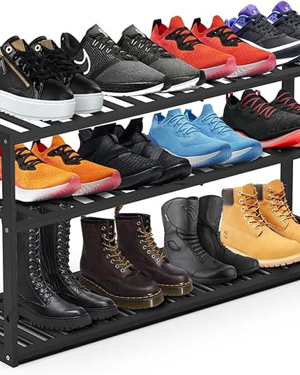 Bamboo Shoe Rack for Closet, Stackable 3 Tier Longer Shoe Organizer Shelf Holder Storage 12-15 Pairs for Entryway Door Hallway Bedroom Garage Space Saving Foldable Black