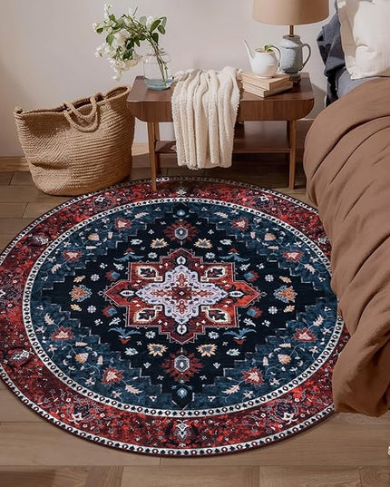Ciicool Boho Area Rug 4x4ft Round Washable Bedroom Non-Slip Vintage Entryway Throw Low-Pile Indoor Carpet for Living Room Foyer