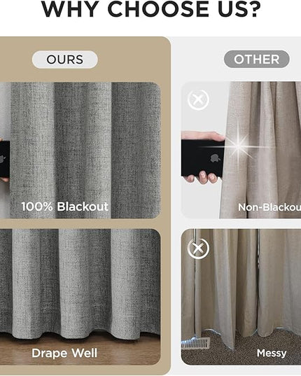 Joydeco Pinch Pleated Curtains - 100% Blackout for Bedroom, Light Grey Linen Curtains 40" W x 108" L, Thermal Insulated 2 Panels Light Blocking Drapes, Back Tabs for Living Room