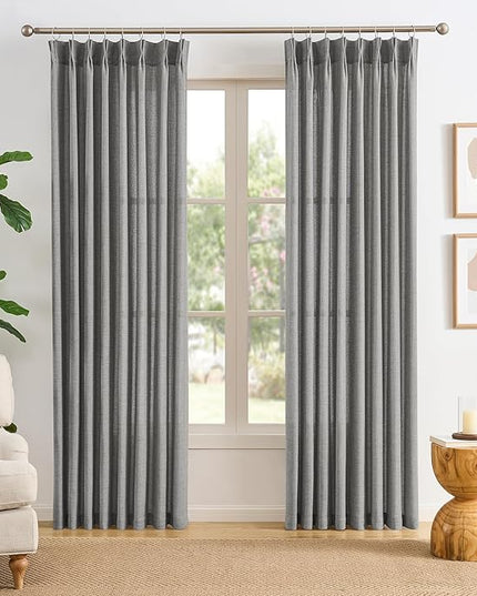 RAIN CITY Grey Linen Pinch Pleated Semi Sheer Curtains 100 Inches Long, Textured Back Tab Drapes with Hooks for Bedroom Living Room 50 Each Wide 2 Panels Set