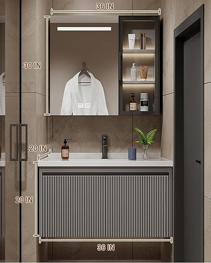 Grey Bathroom Vanity With Sink - 36IN Bathroom Vanity Include Smart Defog Mirror Cabinet & LED Light & 2 Drawers | Side Cabinet Storage Design & Three-Dimensional Stripe Design, Easy to Install