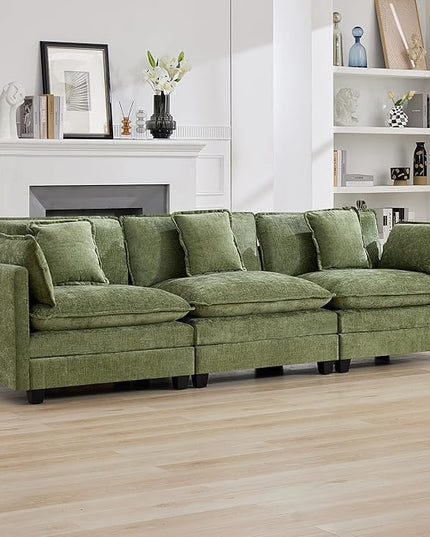 111'' Sectional Cloud Deep Seat Couch, Modern Comfy Chenille Modular Sectional Sofa for Living Room Set, Upholstered Modular 3-Seats Sofa Couch, Green