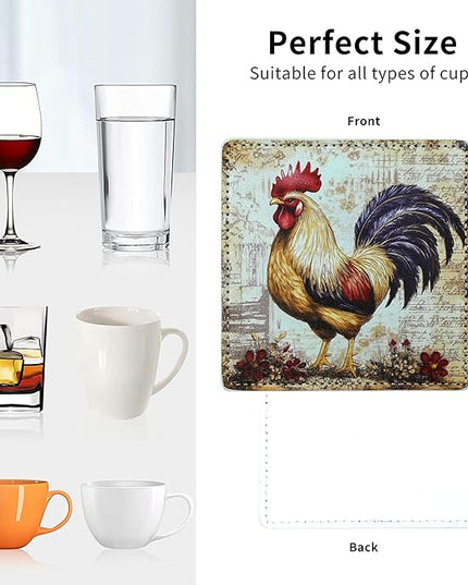 Rooster Coasters Square Leather Drinks Coaster Set with Holder for Coffee Table Bar Home Decor 4 Inches Set of 6