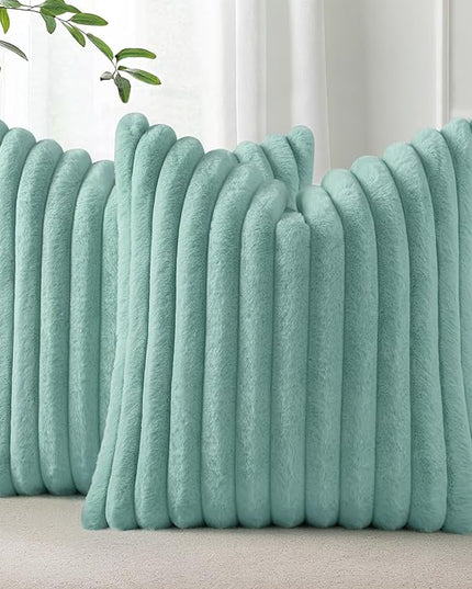 Pallene Faux Fur Plush Throw Pillow Covers 16x16 Set of 2, Luxury Soft Fluffy Striped Decorative Pillow Covers for Sofa, Couch, Living Room, Aqua