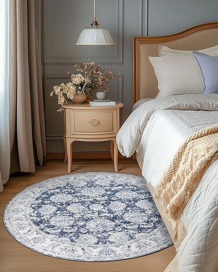 jinchan Fiora Round Rug 4ft Area Rugs Vintage Floral Distressed Design - Machine Washable Non-Slip Low-Pile Ultra-Thin Circle Rug for Entryway Bedside Living Room Bedroom (4' Round, Dark Blue)