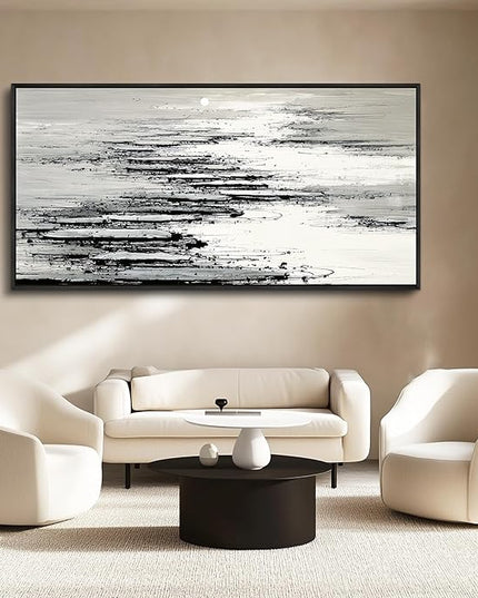 XIGUANGART Framed Canvas Wall Art-Large Wall Decor for Living Room Black and White Minimalist Abstract Pictures Nature Ocean Skyline Sunset Artwork Modern Painting For Bedroom Office Home Decorations