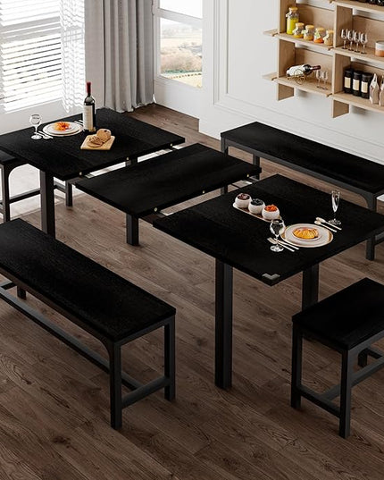 Feonase 5-Piece Dining Table Set for 4-8 People, 63" Large Extendable Kitchen Table Set with 2 Benches and 2 Square Stools, Dining Room Table with MDF Wood Board, Easy Assembly, Black