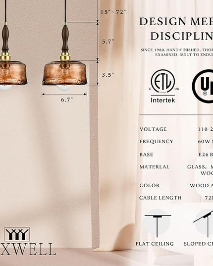 Modern Amber Glass Pendant Light, 6.7"x9.2" Round Hanging Fixture with Golden Wood Accent & Brass Cap, 15"-72" Adjustable Line, E26 Socket – Golden Amber Circle